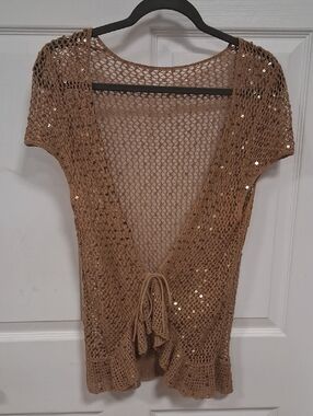 Sequin Detail Crochet Tie-Front Cardigan in Camel